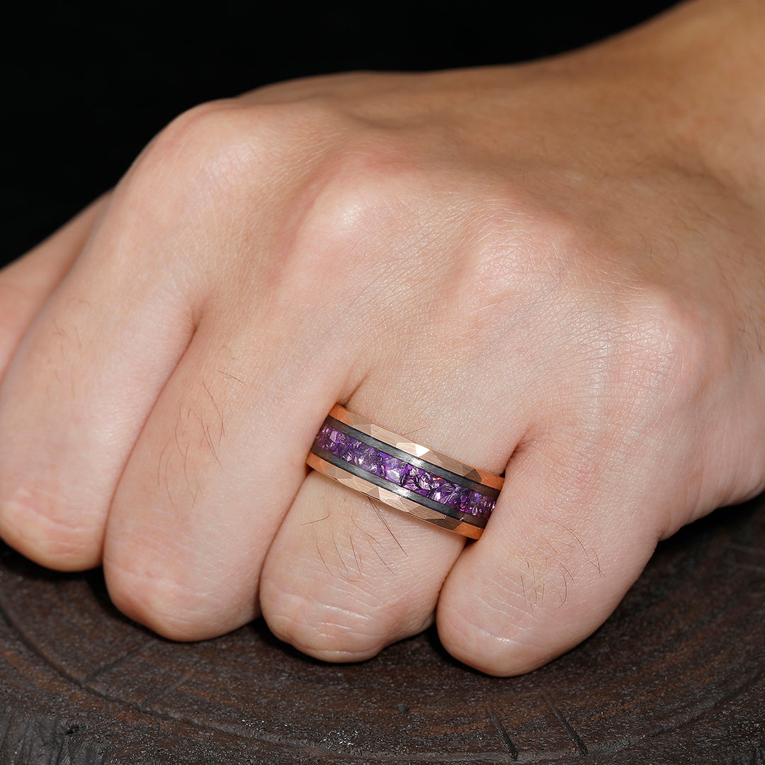 Amethyst Gemstone Inset Wedding Band Men's 8mm Personalized Anniversary Hammered Tungsten Ring - Esdomera