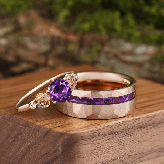 Amethyst Two Rose Engagement Couples Ring Set Matching Rose Gold Tungsten Promise Couples Ring - Esdomera