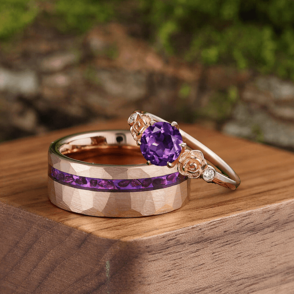 Amethyst Two Rose Engagement Couples Ring Set Matching Rose Gold Tungsten Promise Couples Ring - Esdomera