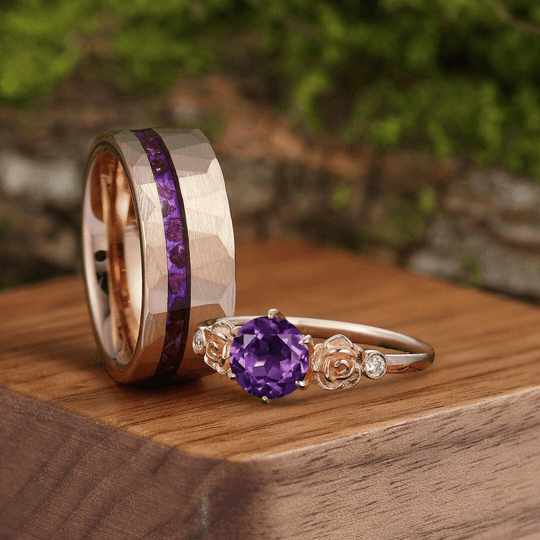 Amethyst Two Rose Engagement Couples Ring Set Matching Rose Gold Tungsten Promise Couples Ring - Esdomera