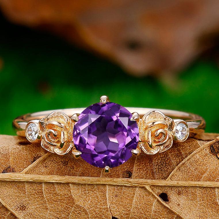 Amethyst Two Rose Engagement Couples Ring Set Matching Rose Gold Tungsten Promise Couples Ring - Esdomera