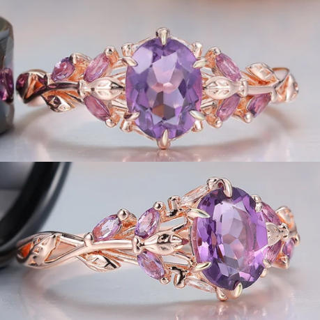 Pedido personalizado - Anillo de mujer de oro rosa de 10K con amatista natural de corte ovalado
