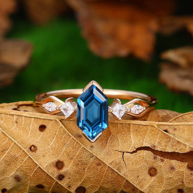 Antique 1.1CT long hexagon cut London blue topaz gold twig leaf engagement ring - Esdomera