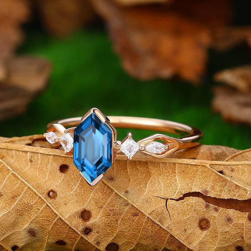 Antique 1.1CT long hexagon cut London blue topaz gold twig leaf engagement ring - Esdomera