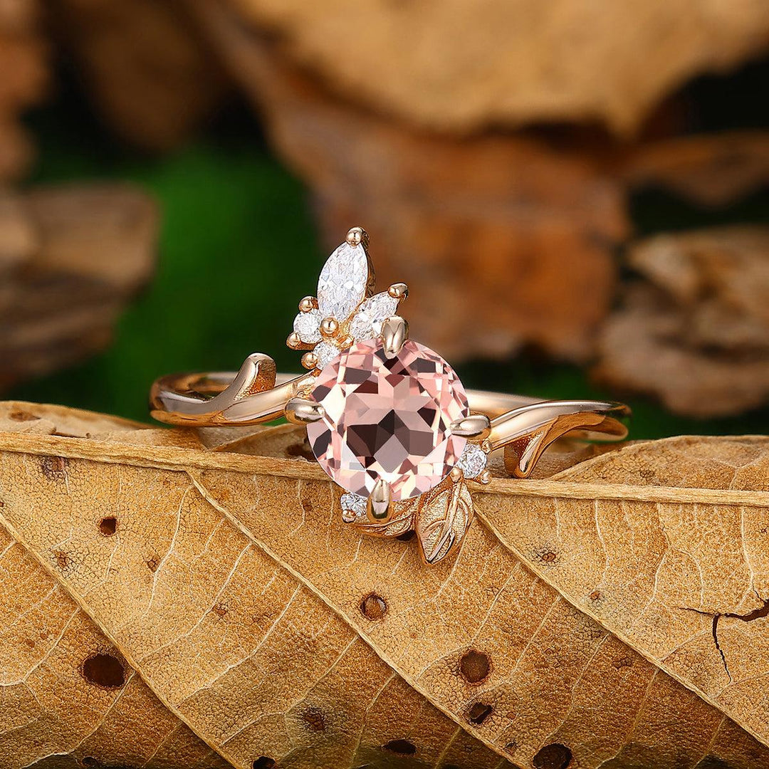 Antique 1.25 CT Natural Pink Morganite Round Cut Nature Inspired Gold Leaf Ring - Esdomera