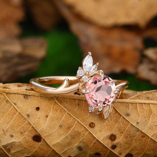 Antique 1.25 CT Natural Pink Morganite Round Cut Nature Inspired Gold Leaf Ring - Esdomera