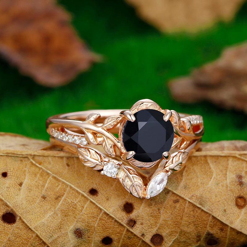 Antique 1.25 CT Round Cut Natural Black Onyx Gold Leaf Vines and Twig Ring Set - Esdomera