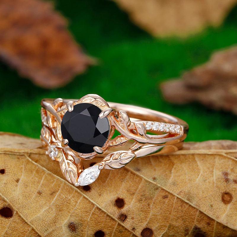 Antique 1.25 CT Round Cut Natural Black Onyx Gold Leaf Vines and Twig Ring Set - Esdomera