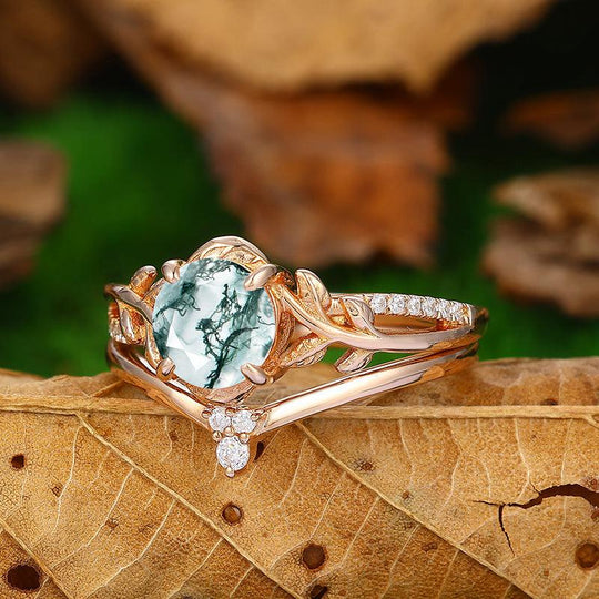 Antique 1.25 CT Round Cut Natural Moss Agate 14k Rose Gold Leaf Vines Shaped Engagement Ring Set - Esdomera