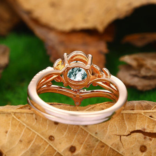 Antique 1.25 CT Round Cut Natural Moss Agate 14k Rose Gold Leaf Vines Shaped Engagement Ring Set - Esdomera
