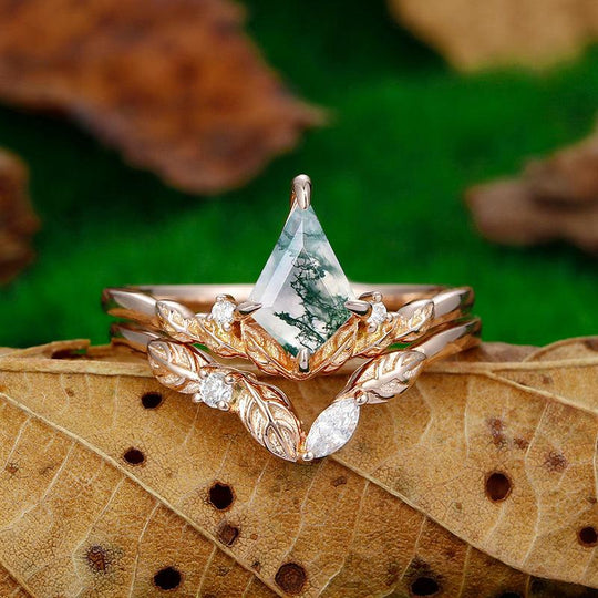 Antique 1.35 CT Kite Shaped 18k Rose Gold Natural Moss Agate Leaf Design Bridal Ring Set - Esdomera