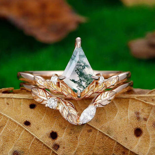 Antique 1.35 CT Kite Shaped 18k Rose Gold Natural Moss Agate Leaf Design Bridal Ring Set