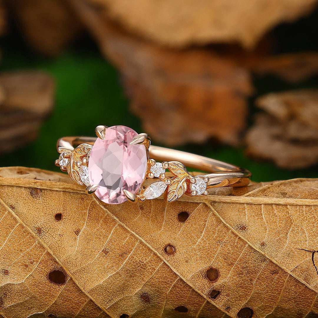 Antique 1.5 CT Oval Cut Natural Pink Morganite 14k Gold Promise Ring - Esdomera
