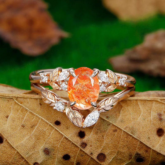 Antique 1.5 CT Oval Cut Rose Gold Nature Sunstone Bridal Ring Set Art Deco Leaf Design Band - Esdomera
