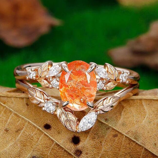 Antique 1.5 CT Oval Cut  Rose Gold Nature Sunstone  Bridal Ring Set Art Deco Leaf Design Band