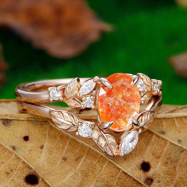 Antique 1.5 CT Oval Cut  Rose Gold Nature Sunstone  Bridal Ring Set Art Deco Leaf Design Band