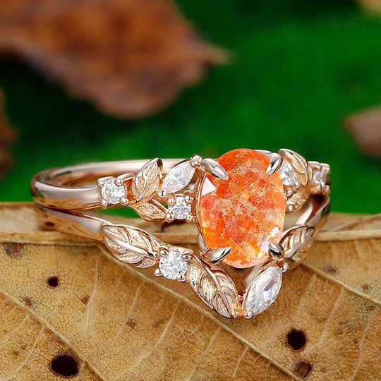 Antique 1.5 CT Oval Cut  Rose Gold Nature Sunstone  Bridal Ring Set Art Deco Leaf Design Band