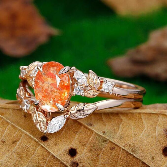 Antique 1.5 CT Oval Cut  Rose Gold Nature Sunstone  Bridal Ring Set Art Deco Leaf Design Band