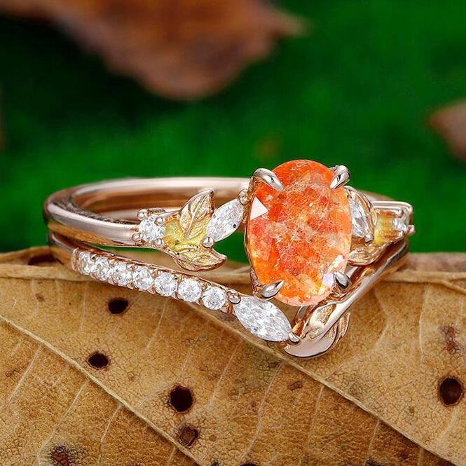 Antique 1.5 CT Oval Shaped Art Deco  Nature Orange Sunstone Leaf Sliver Promise Ring