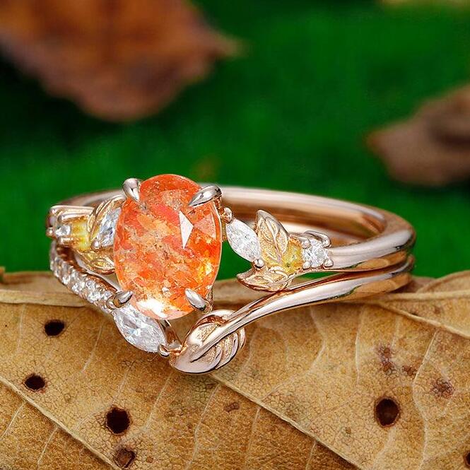 Antique 1.5 CT Oval Shaped Art Deco  Nature Orange Sunstone Leaf Sliver Promise Ring