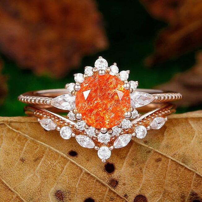 Antique 1.5 CT Oval Shaped Halo Sunstone Bridal Ring Set