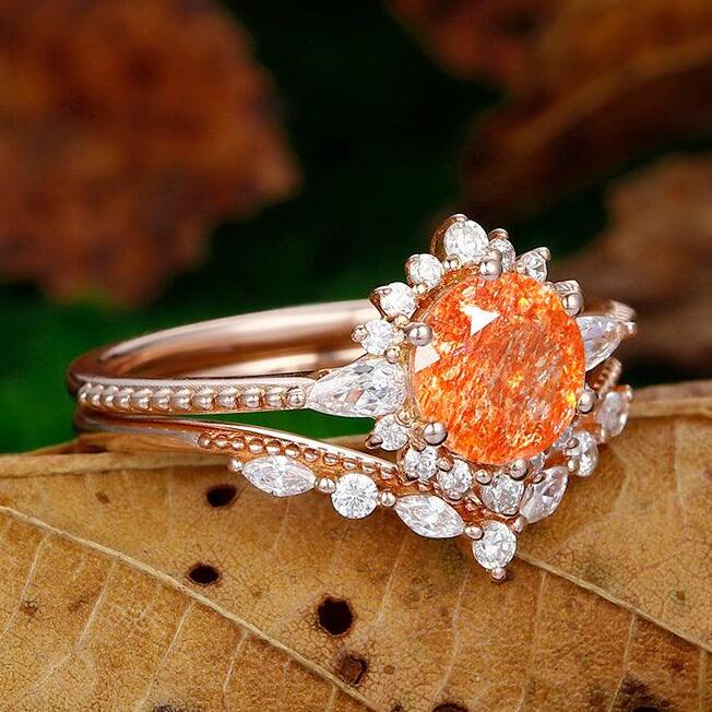 Antique 1.5 CT Oval Shaped Halo Sunstone Bridal Ring Set