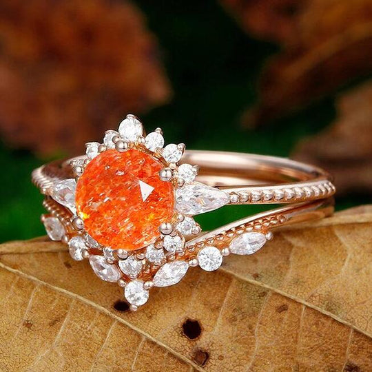 Antique 1.5 CT Oval Shaped Halo Sunstone Bridal Ring Set