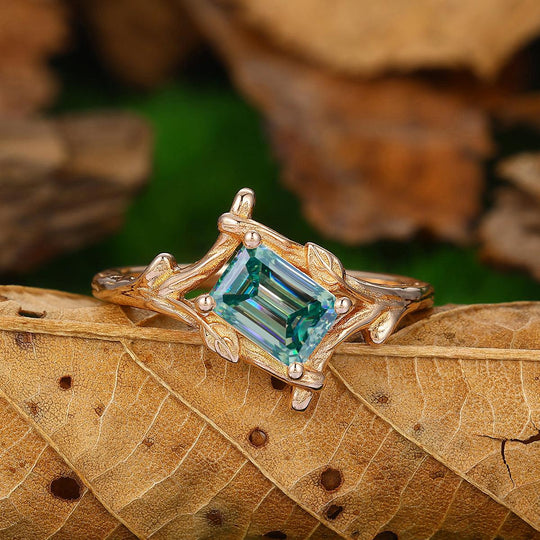 Antique 1 CT Emerald Cut Blue Moissanite Bezel Set leaf Vines Design Gold or Silver Ring - Esdomera