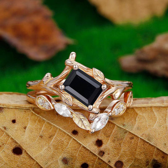 Antique 1 CT Emerald Cut Natural Black Onyx Leaf Vines Bezel Set Rose Gold Art Deco Leaf Ring Set - Esdomera