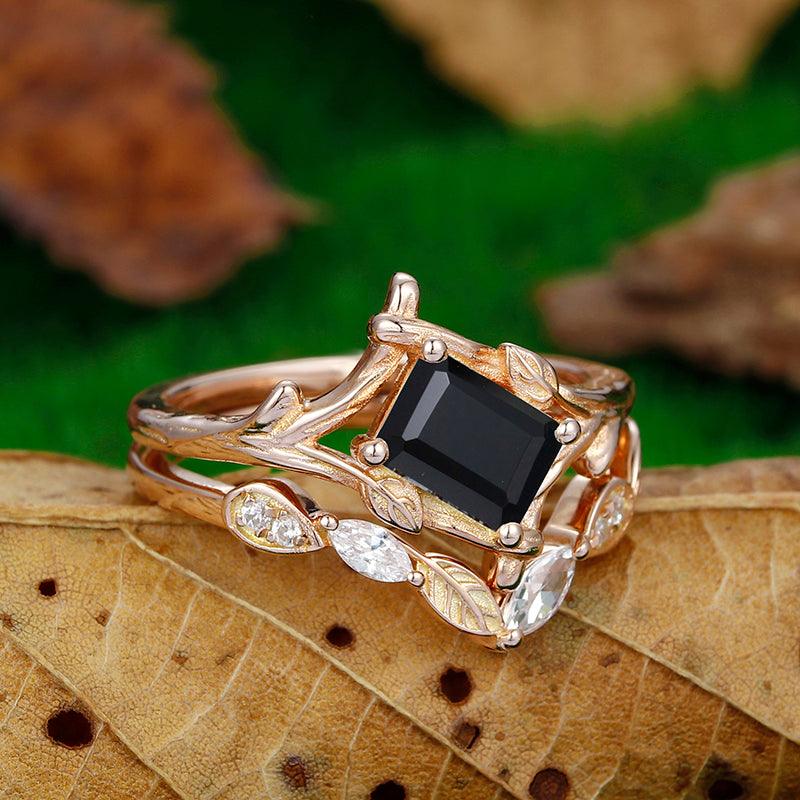 Antique 1 CT Emerald Cut Natural Black Onyx Leaf Vines Bezel Set Rose Gold Art Deco Leaf Ring Set - Esdomera