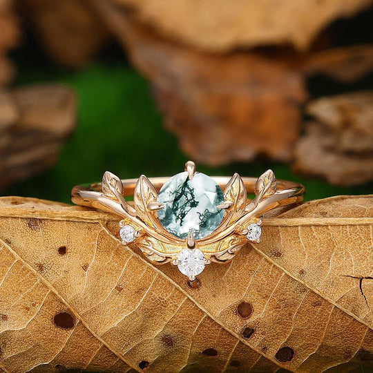 Antique 14k Rose Gold Round Cut Art Deco Leaf Design Natural Moss Agate Engagement Ring - Esdomera