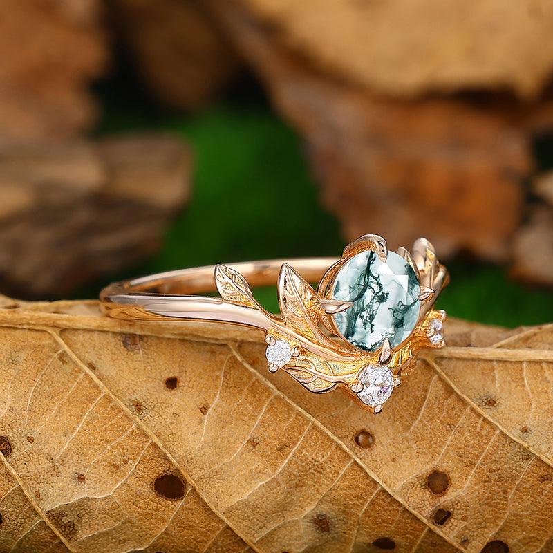 Antique 14k Rose Gold Round Cut Art Deco Leaf Design Natural Moss Agate Engagement Ring - Esdomera