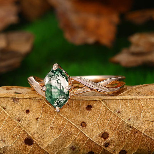 Antique 14k Rose Gold Twisted Infinity Natural Moss Agate Engagement Ring - Esdomera