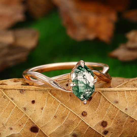 Antique 14k Rose Gold Twisted Infinity Natural Moss Agate Engagement Ring - Esdomera