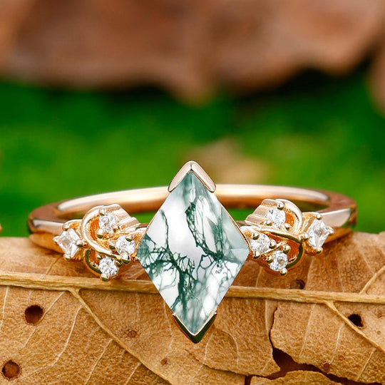 Antique 2.0CT Rhombus Rose Cut Moss Agate Vine Ring For Bridal Gift - Esdomera