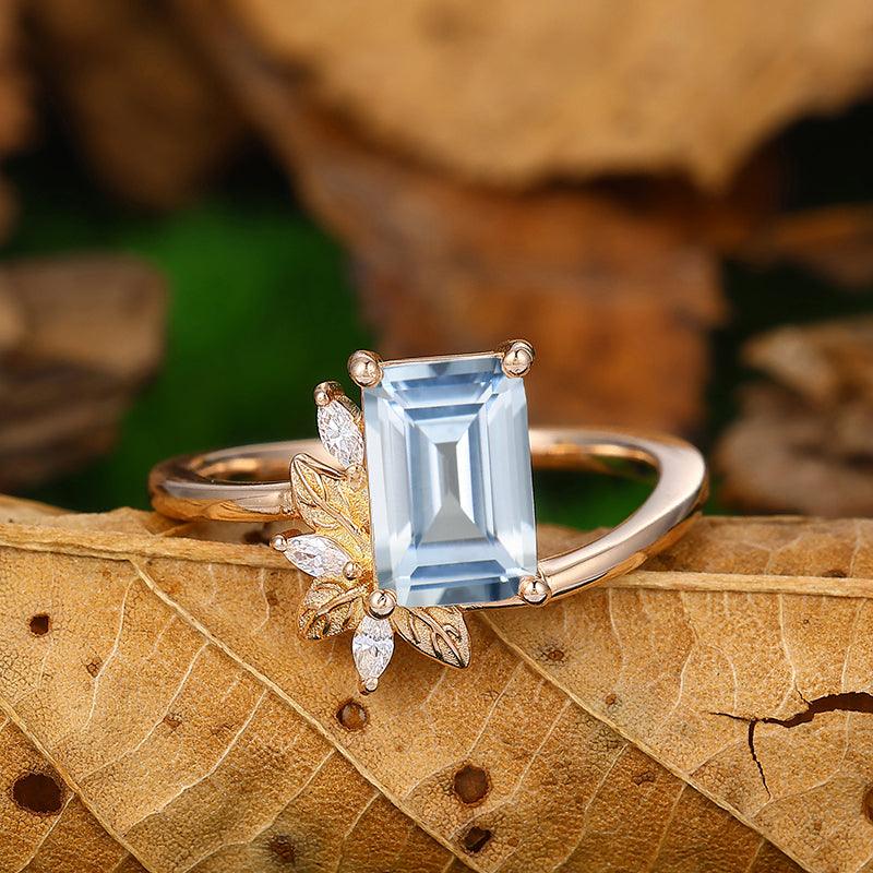 Antique 2 CT Emerald Cut Natural inspired Leaf Aquamarine Ring - Esdomera