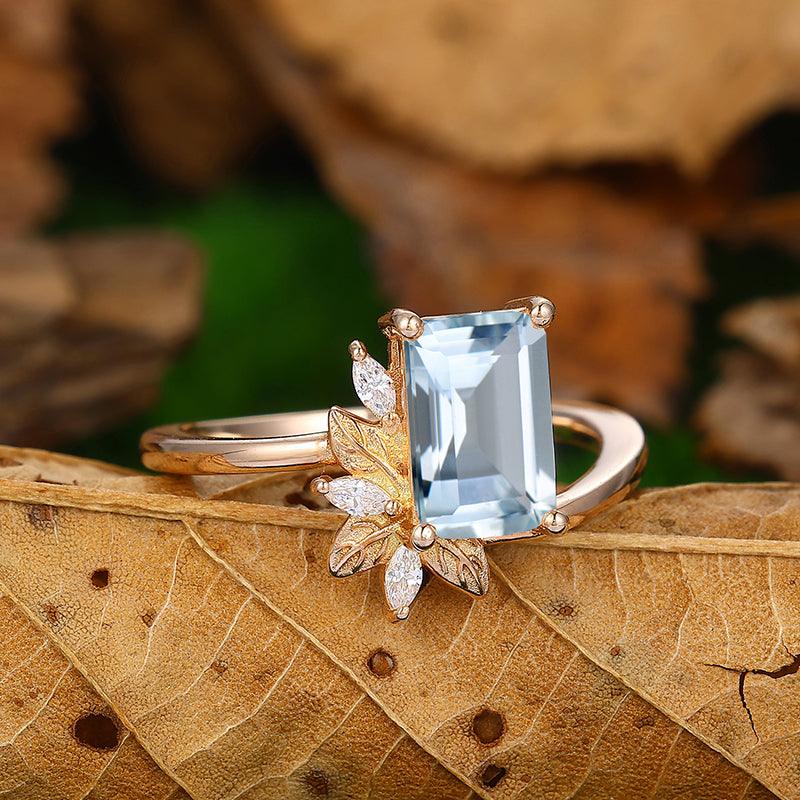 Antique 2 CT Emerald Cut Natural inspired Leaf Aquamarine Ring - Esdomera