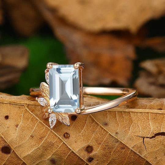 Antique CT Emerald Cut Natural inspired Leaf Aquamarine Ring
