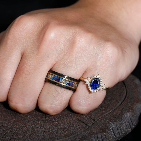 Antique Blue Sapphire Engagement Cluster Personalized Couples' Set Tingsten Matching Rings - Esdomera