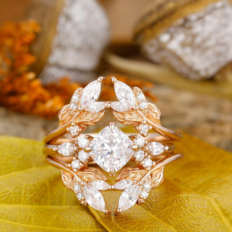 Antique Curshion Cut Moissanite Stackable 14k Rose Gold 925 sliver Ring Handmade Wedding Ring Set - Esdomera