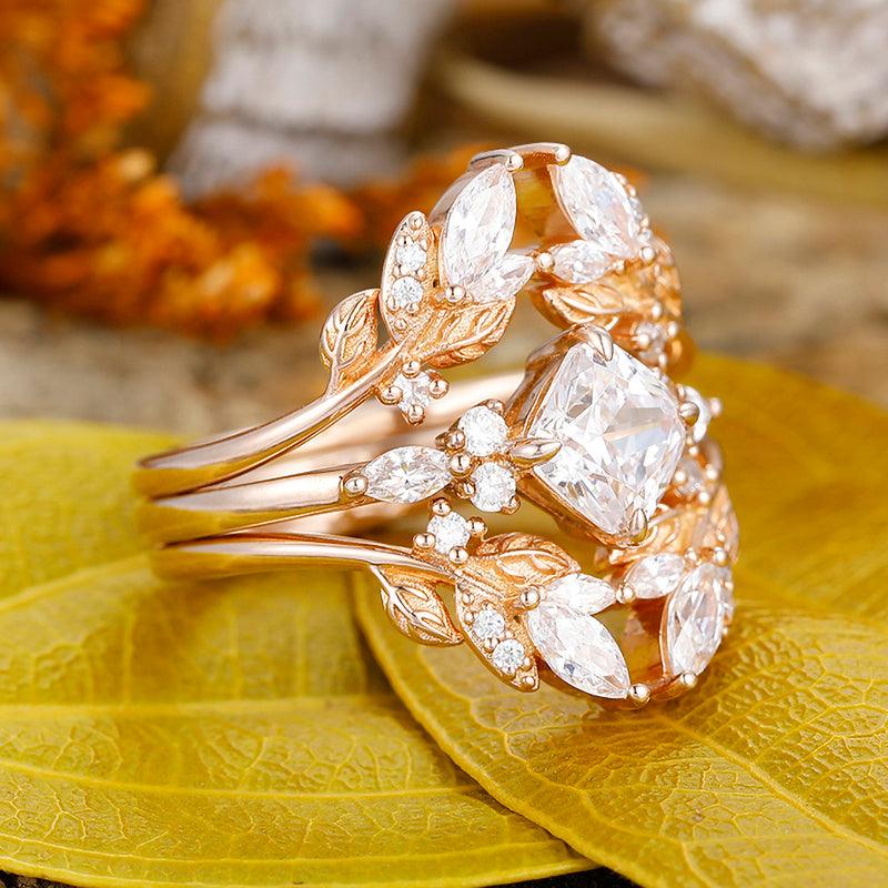 Antique Curshion Cut Moissanite Stackable 14k Rose Gold 925 sliver Ring Handmade Wedding Ring Set - Esdomera