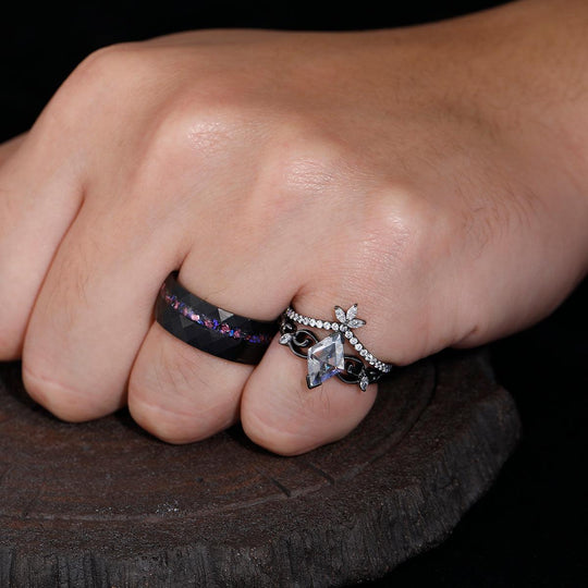 Antique Deco Moissanite Engagement Couple Rings Blue Purple Sandstone Promise Couples Matching Ring Set - Esdomera