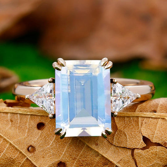 Antique Double Prongs Emerald Cut Moonstone Engagement Ring Women Fine Ring - Esdomera