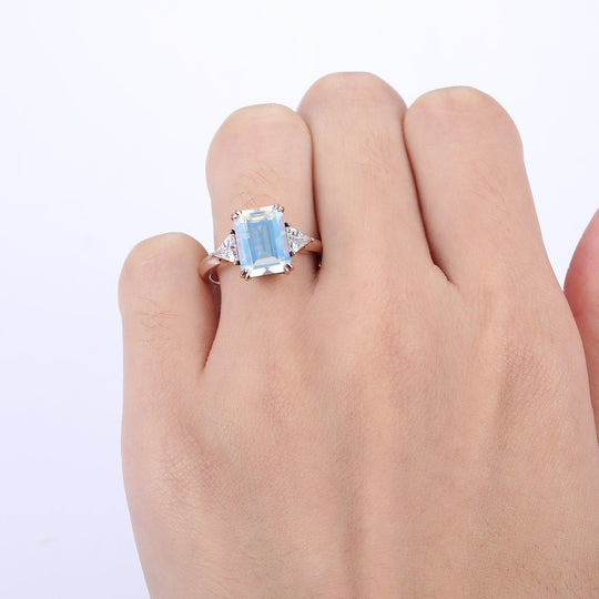 Antique Double Prongs Emerald Cut Moonstone Engagement Ring Women Fine Ring - Esdomera