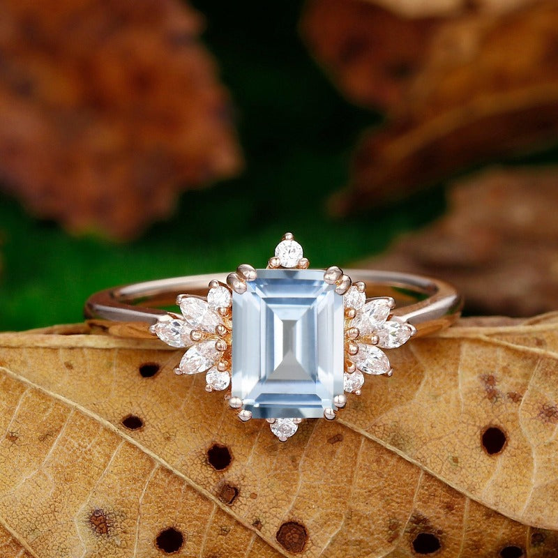 Antique Emerald Cut 2CT Aquamarine Cluster Engagement Wedding Ring - Esdomera