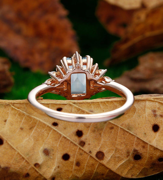 Antique Emerald Cut 2CT Aquamarine Cluster Engagement Wedding Ring - Esdomera