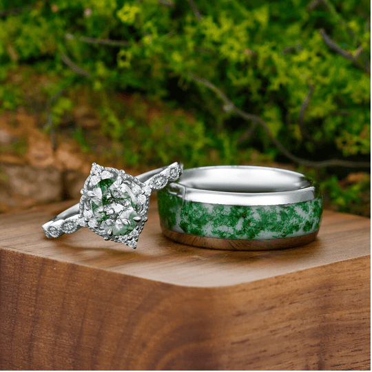 Antique Floral Moss Agate Prong Setting Ring Set S925 And Tungsten Couples Ring - Esdomera