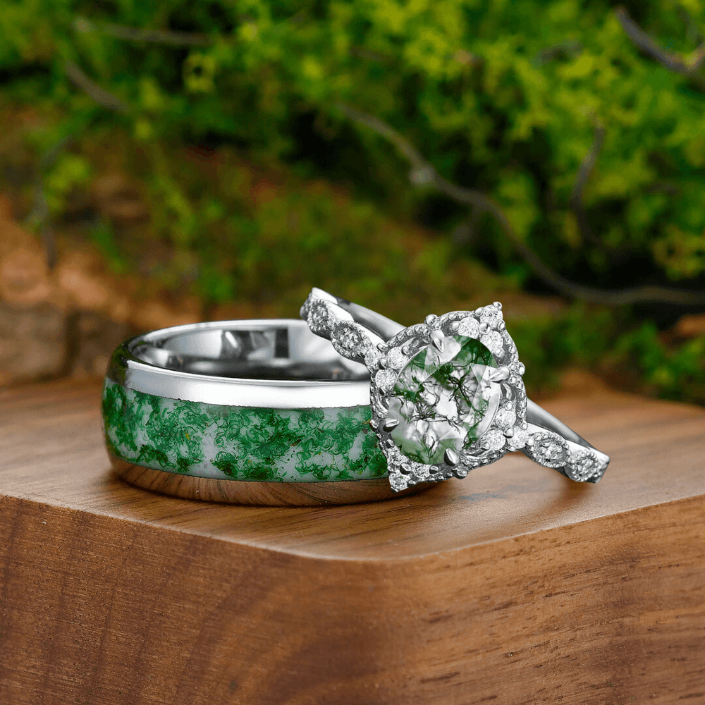 Antique Floral Moss Agate Prong Setting Ring Set S925 And Tungsten Couples Ring - Esdomera