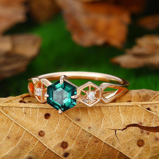 Antique Hexagon Cut 18k Rose Gold Half Eternity Emerald Engagement Ring - Esdomera