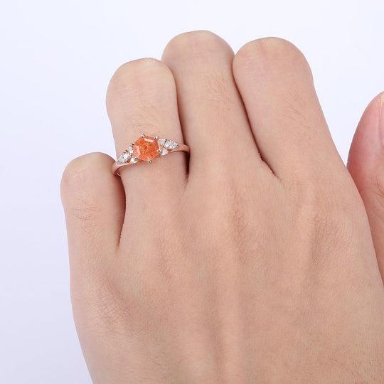 Antique Hexagon Cut Natural Sunstone Ring Triangle Moissanite Inlay Wedding Ring - Esdomera